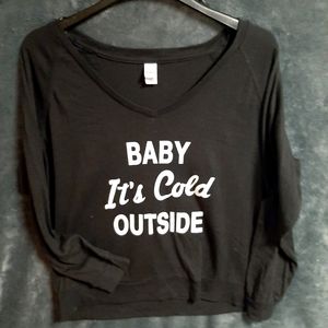 BONGO Juniors V- Neck Shirt Black Size XL Baby It's Cold Outside Long Sleeve